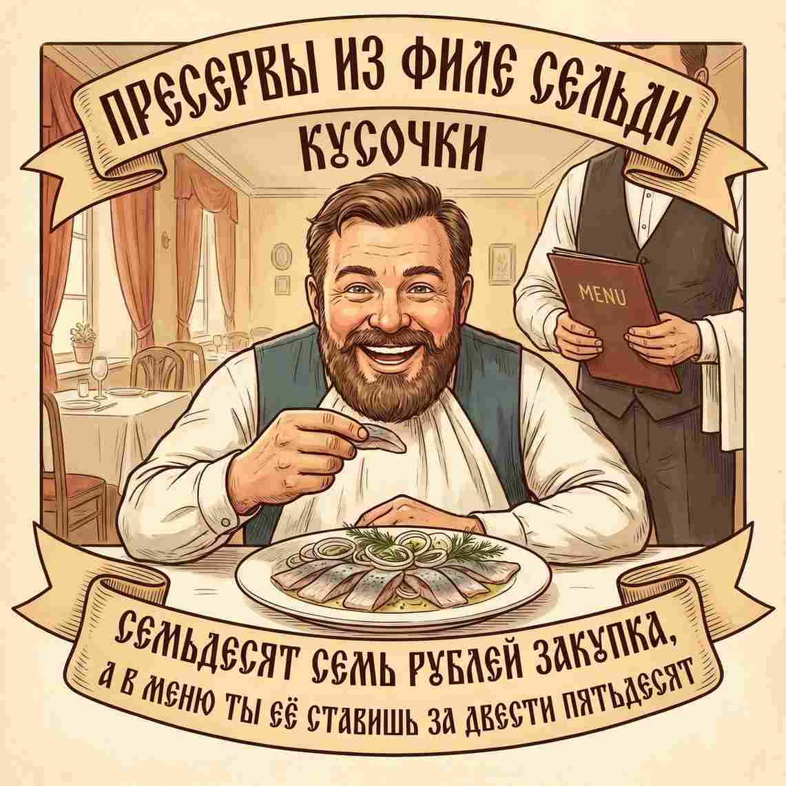 Семьдесят семь рублей закупка, а в меню ты её ставишь за двести пятьдесят