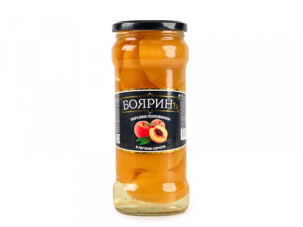 Персики половинки в легком сиропе ст/б 580мл 1/12шт Бояринъ
