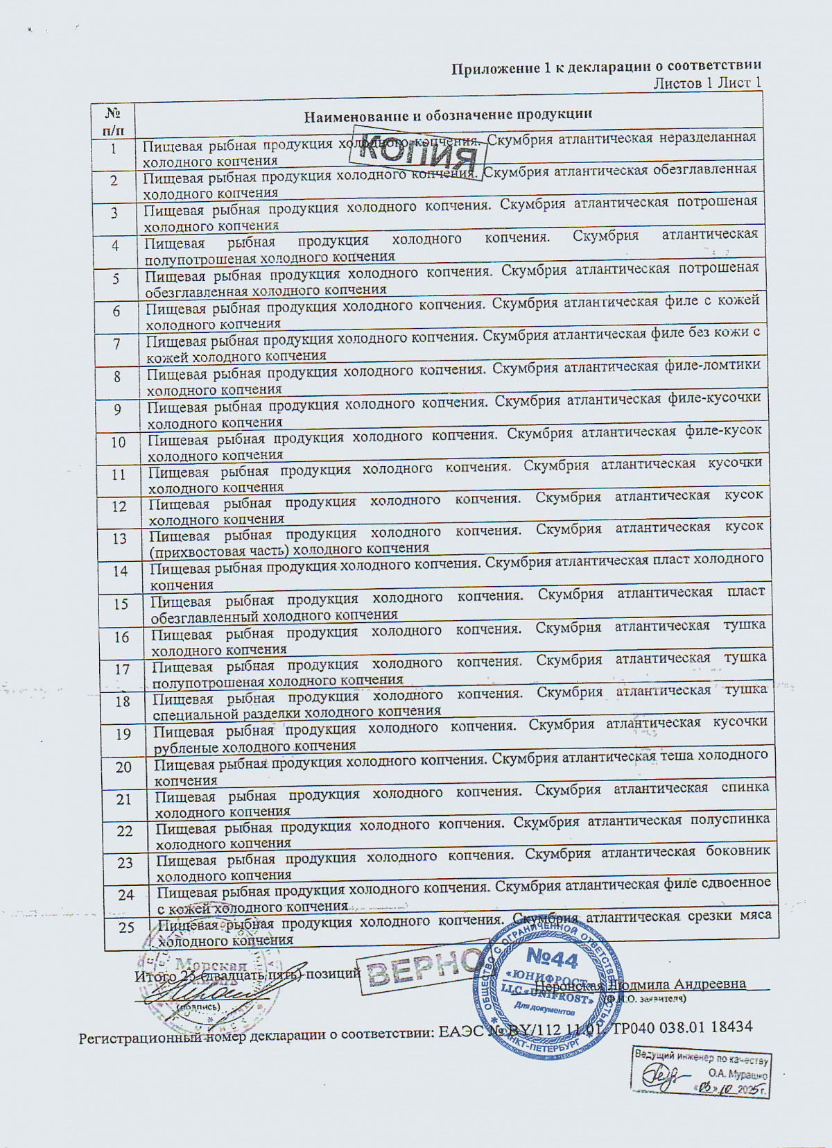 Декларация о соответствии, лист 2 из 2